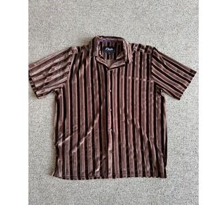 Plush Drill Clothing Mens Brown Striped Velvet Short Sleeve Button Down Shirt L